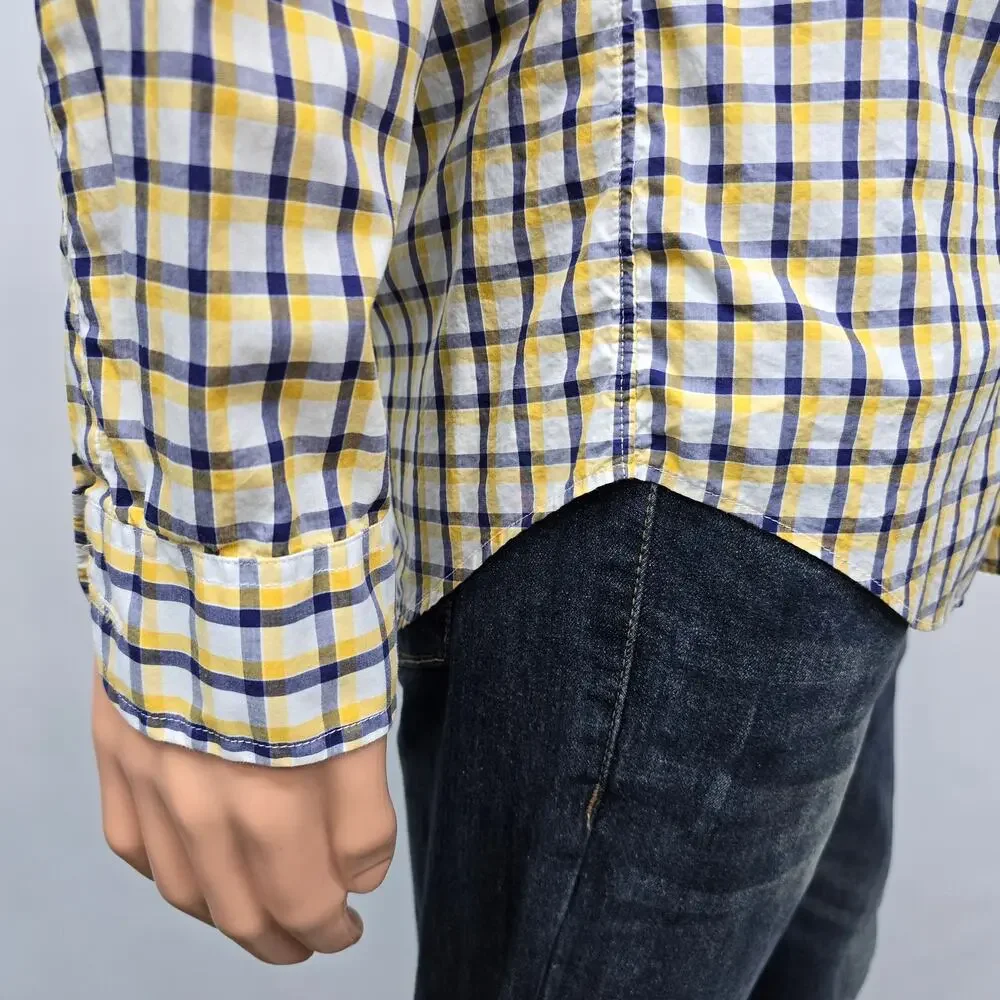 J. Crew NY Light Weight Shirt Men S Button Down Yellow Navy White Check Plaid